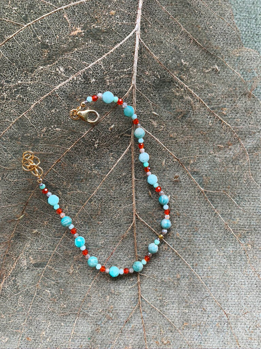 Carnelian, Emerald & Moonstone Bracelet with 18 Karat Gold Bead